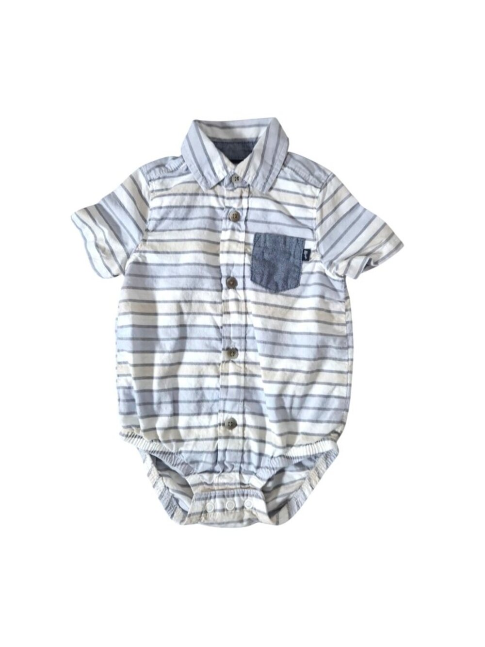 Baby Bgosh 9M Button Front Striped Romper Chest Pocket Blue & White Stripes